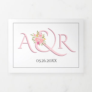 Invitación Tríptica Iniciales rosadas de Rubor, boda de rosas rosa y a