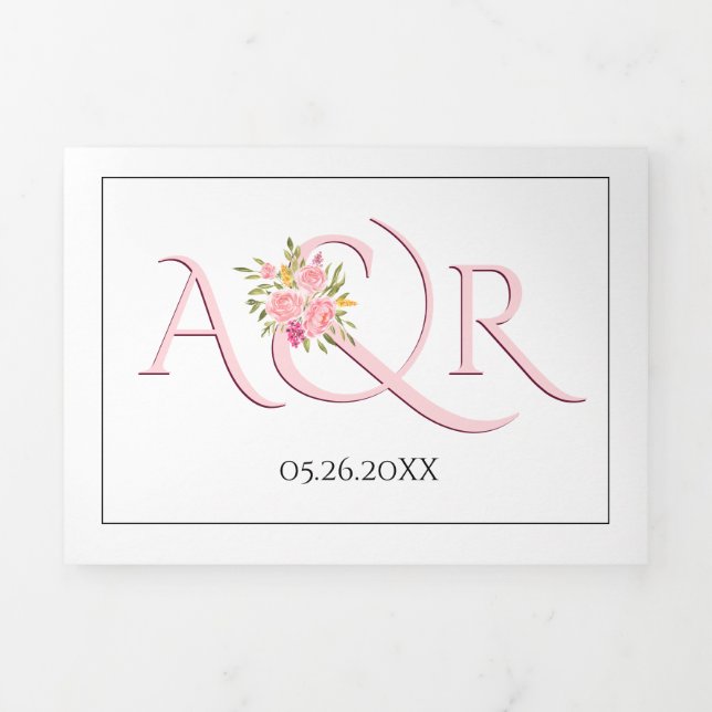Invitación Tríptica Iniciales rosadas de Rubor, boda de rosas rosa y a (Foto de portada)