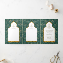 Invitación Tríptica Invitan a la boda islámica LeahG Green Gold