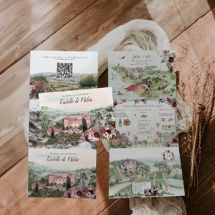 Invitación Tríptica Italia toscana   Boda ilustrado