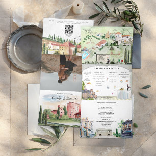 Invitación Tríptica Italia toscana Boda ilustrado