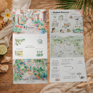 Invitación Tríptica Itinerario de Boda de Acuarela en Puerto Vallarta