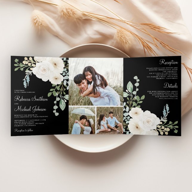 Invitación Tríptica Ivory Floral Black Photo Collage Wedding (Subido por el creador)