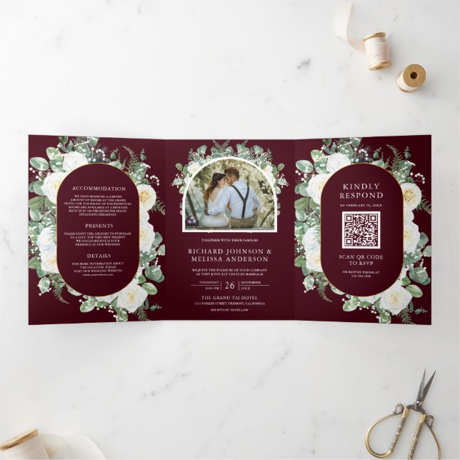 Invitación Tríptica Ivory Floral Photo Burgundy QR Code Wedding (Interior)