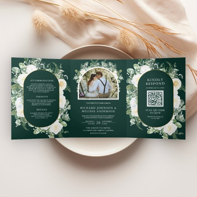 Invitación Tríptica Ivory Floral Photo Emerald Green QR Code Wedding (Subido por el creador)