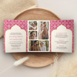 Invitación Tríptica Ivory Rani Rosa Patrón Todo en Uno Boda India