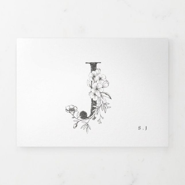 Invitación Tríptica 'J' Monograma Hermoso Boda floral esbozado (Foto de portada)