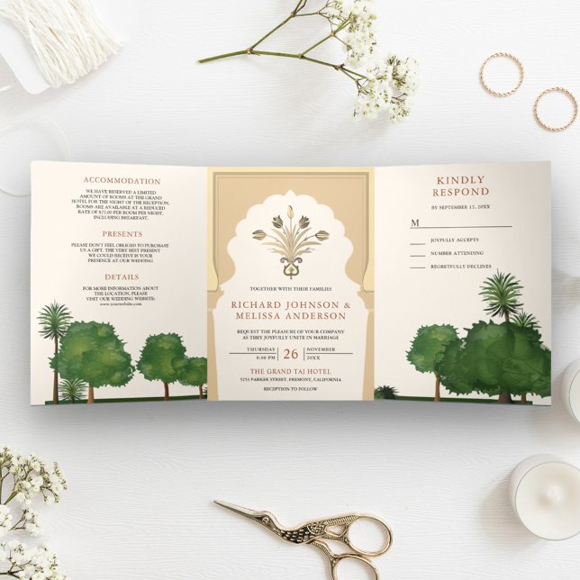 Invitación Tríptica Jardín del tema del moghal real al estilo indio Bo (Subido por el creador)