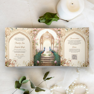 Invitación Tríptica Jardín Floral Pavos Reales Palacio Indio Boda