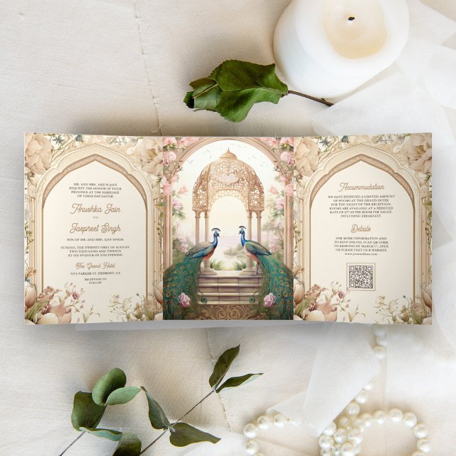 Invitación Tríptica Jardín floral Peacocks Boda del Palacio Indio (Subido por el creador)