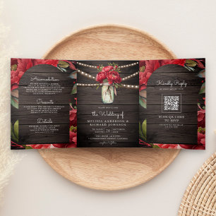 Invitación Tríptica Jarrón de Mason Floral de Peonía Roja Código QR Bo