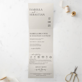 Invitación Tríptica Juego todo en uno crema de boda