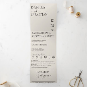 Invitación Tríptica Juego todo en uno de crema para boda