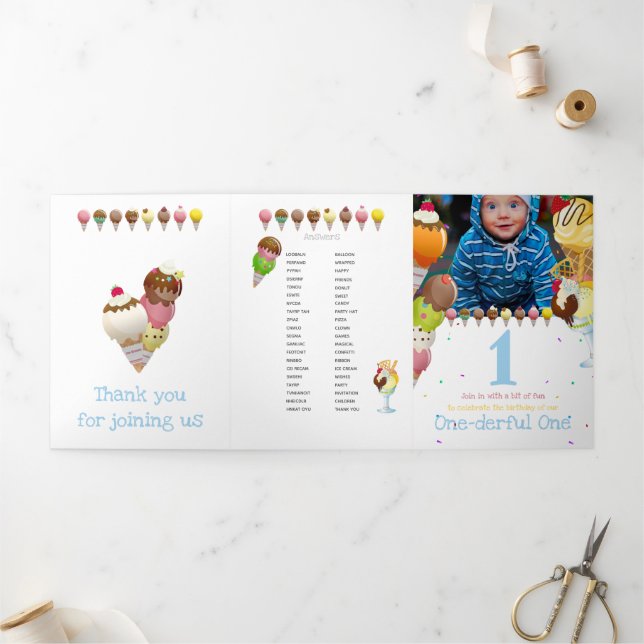 Invitación Tríptica Juegos de fiesta de fotos divertidos con helados d (Exterior)