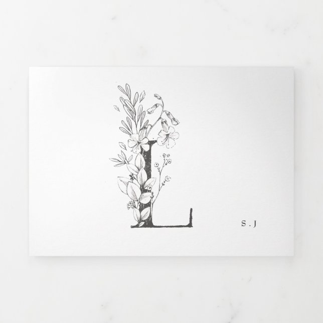 Invitación Tríptica "L" Monograma Hermoso Boda floral esbozado (Foto de portada)