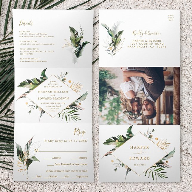 Invitación Tríptica La acuarela tropical deja al Boda de oro todo en u (Front & Back)