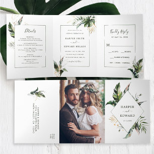 Invitación Tríptica La acuarela verde tropical deja al Boda tres veces
