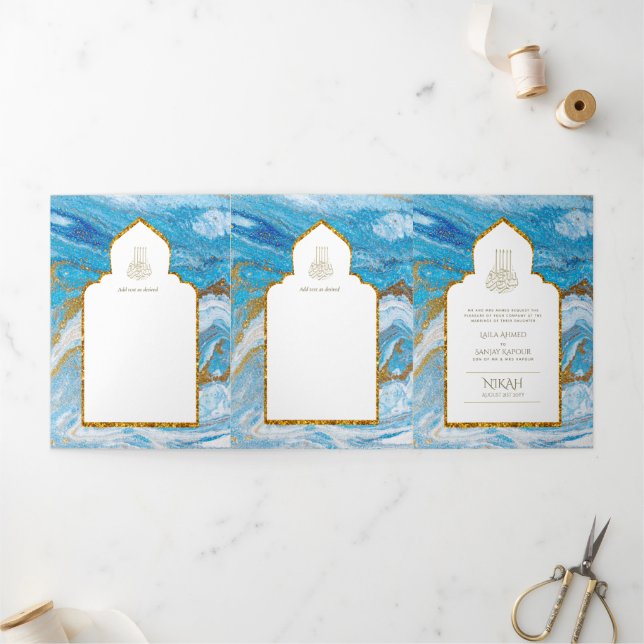 Invitación Tríptica La boda islámica azul LeahG invita a Nikah (Exterior)
