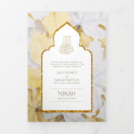 Invitación Tríptica La boda islámica blanca de oro de LeahG invita a