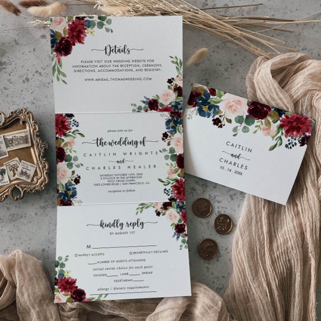 Invitación Tríptica La caligrafía rusa otoñal de Borgoña Boda de (Subido por el creador)