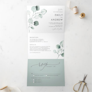 Invitación Tríptica La turbia acuarela verde Eucalyptus deja Boda
