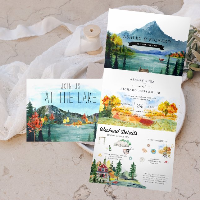 Invitación Tríptica Lago Rustic Autumn Mountain | Boda ilustrado (Subido por el creador)