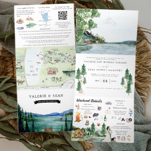 Invitación Tríptica Lakeside Campground Resort Boda Ilustrada