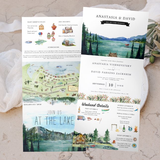 Invitación Tríptica Lakeside Campground Resort | Illustrated Wedding (Subido por el creador)