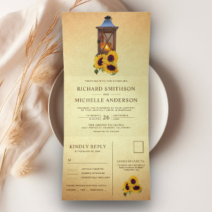 Invitación Tríptica Lámpara de Vela de Girasol Rústico Todo en Uno Bod