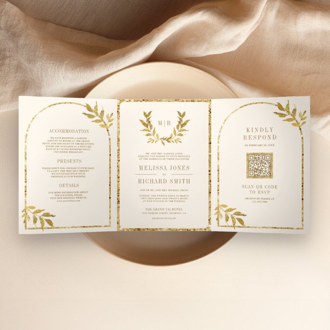 Invitación Tríptica Laurel de oro deja a crema Boda (Subido por el creador)