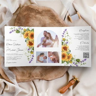 Invitación Tríptica Lavanda de girasoles todo en un Boda de código QR