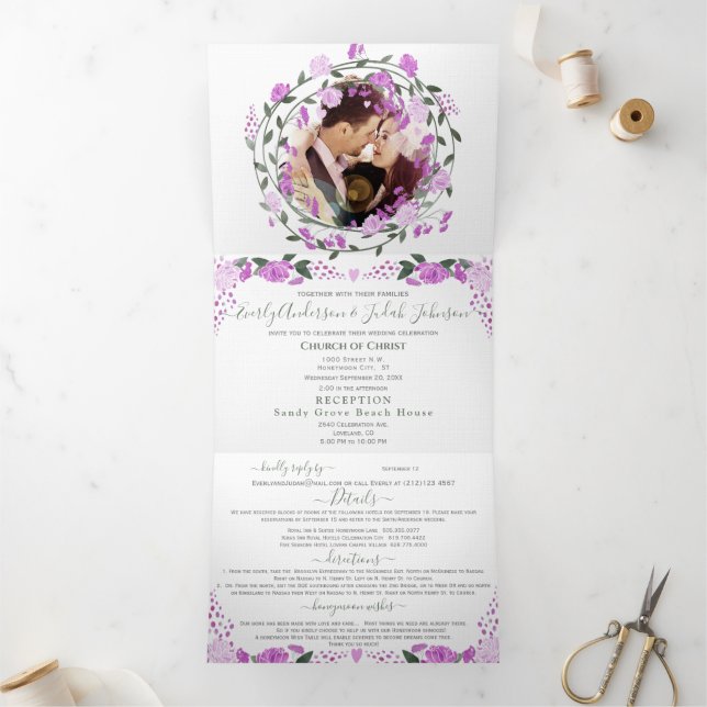 Invitación Tríptica Lavanda rosa y Boda floral de peones morados (Interior)