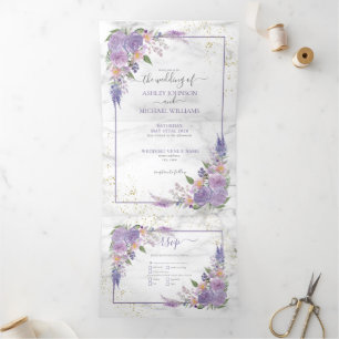 Invitación Tríptica Lavanda Rústica Lilac Gold Boda de fotografía flor