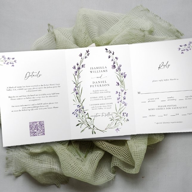 Invitación Tríptica Lavanda rústica simple elegante todo en un Boda (lavender wedding invitation provence wreath modern classic elegant watercolor theme trifold all one)