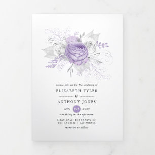 Invitación Tríptica Lavanda y Boda floral plateado