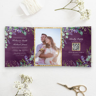 Invitación Tríptica Lavender y Eucalyptus Boda de código QR púrpura