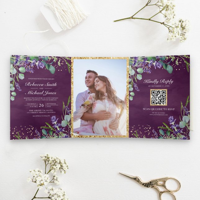 Invitación Tríptica Lavender y Eucalyptus Boda de código QR púrpura (Subido por el creador)