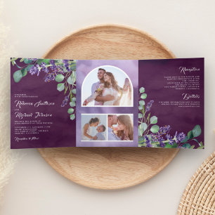 Invitación Tríptica Lavender y Eucalyptus Photo Arch Boda morado