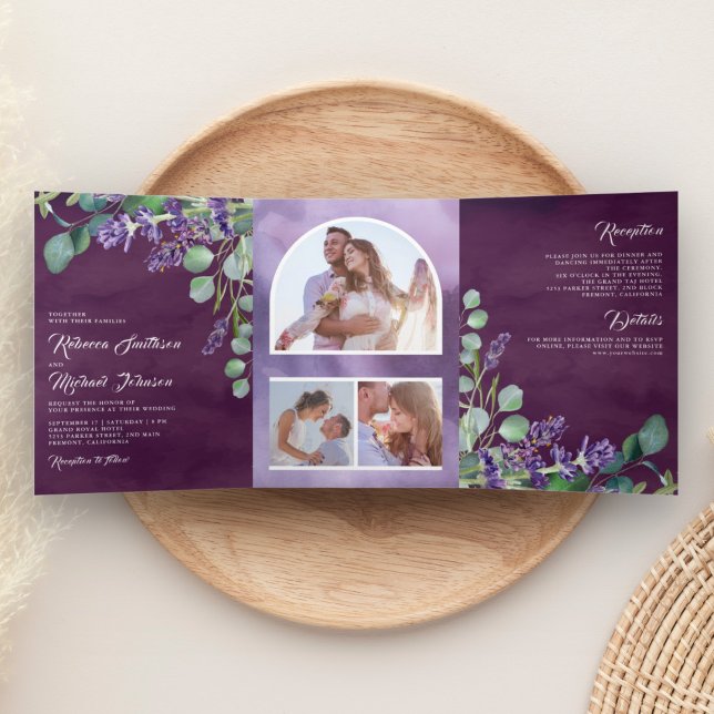 Invitación Tríptica Lavender y Eucalyptus Photo Arch Boda morado (Subido por el creador)