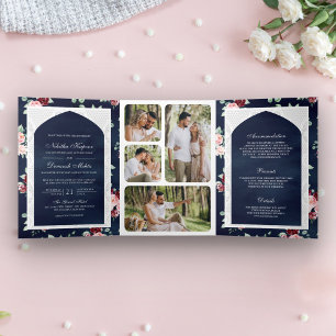 Invitación Tríptica Lazo floral azul oscuro todo en un Boda indio