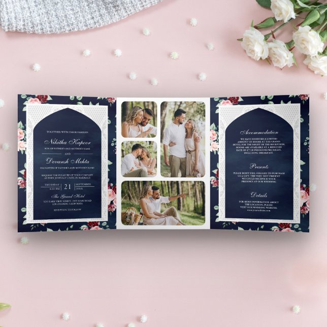 Invitación Tríptica Lazo floral azul oscuro todo en un Boda indio (Subido por el creador)