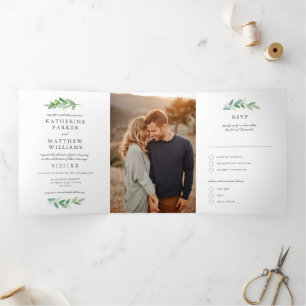 Invitación Tríptica Leafy Watercolor y Faux Rosa Gold Boda Photo