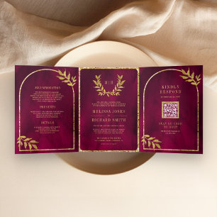 Invitación Tríptica Leyenda de oro deja a Fuchsia Magenta Boda