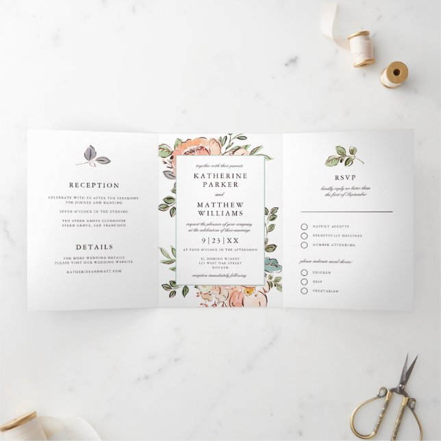 Invitación Tríptica Libreta de bocetos románticos de flores para boda  (Interior)