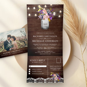 Invitación Tríptica Lilac Roses Rosa Mason Jar String Luces Boda