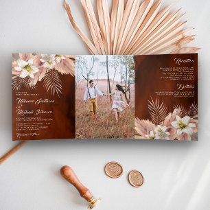 Invitación Tríptica Lily Blanca Floral Palma Pampas Naranja Quemada Bo
