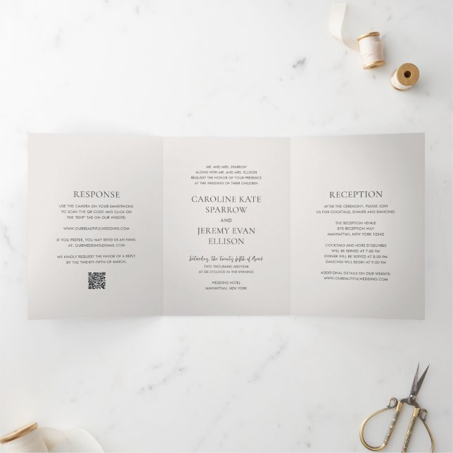 Invitación Tríptica Limpiar código QR neutro matrimonio elegante (Interior)