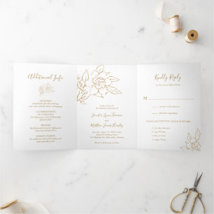 Invitación Tríptica Línea de Oro Arte Floral Elegante Boda
