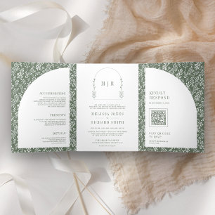 Invitación Tríptica Línea mínima de Boda verde arca arca arca arcada
