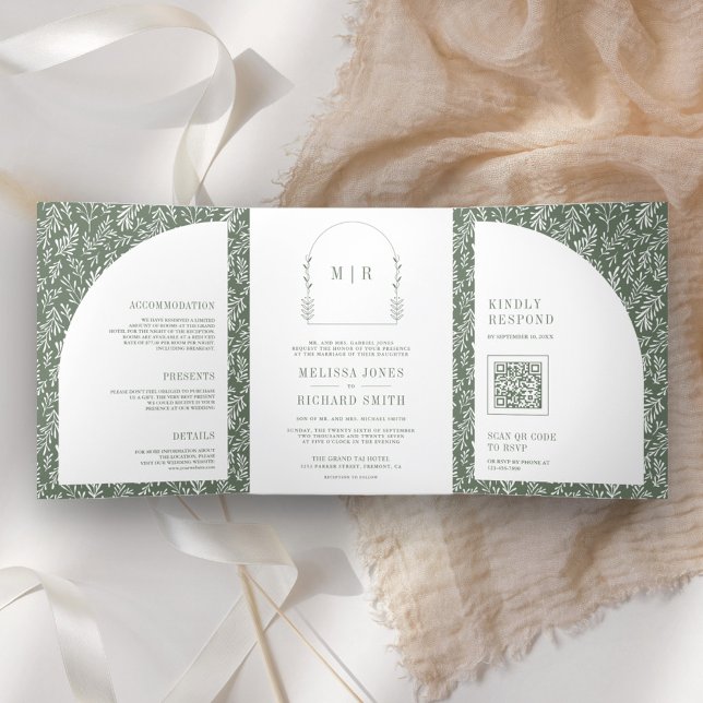 Invitación Tríptica Línea mínima de Boda verde arca arca arca arcada (Subido por el creador)